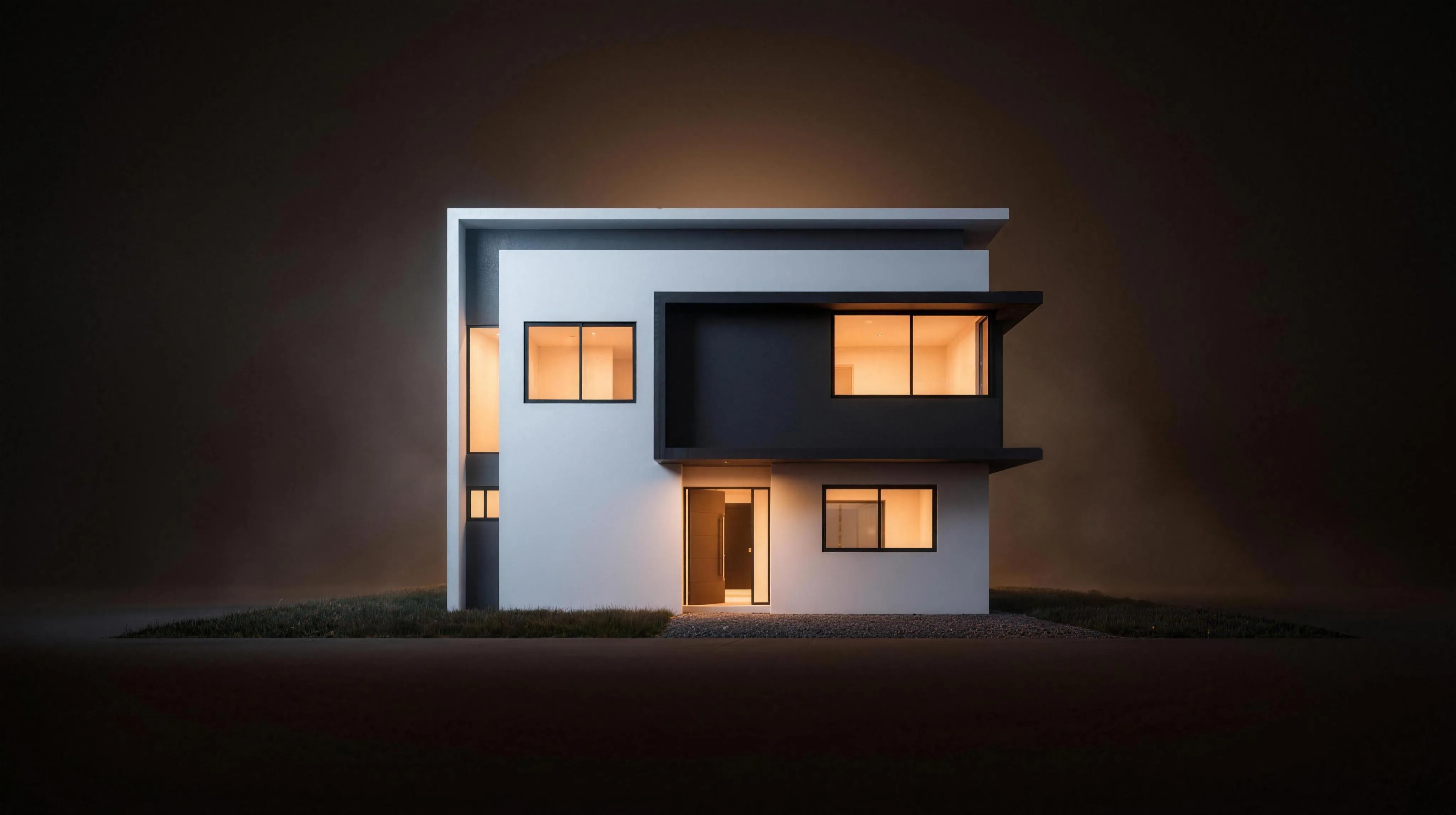 Residencia moderna presentada como objeto sobre fondo oscuro, con iluminación interior cálida